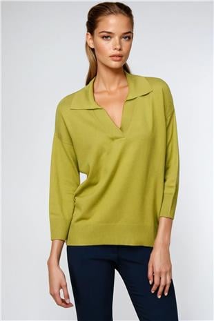 Kadın Yeşil Polo Yaka Uzun Kollu Bluz VS00959