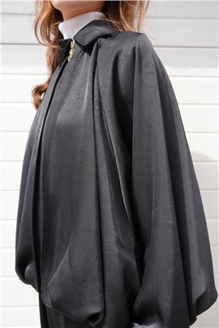 Kadın Siyah Polo Yaka Yarasa Kol Fermuar Kapamalı Ceket Ve Beli Lastlikli Pantolon Salaş Takım VS01209