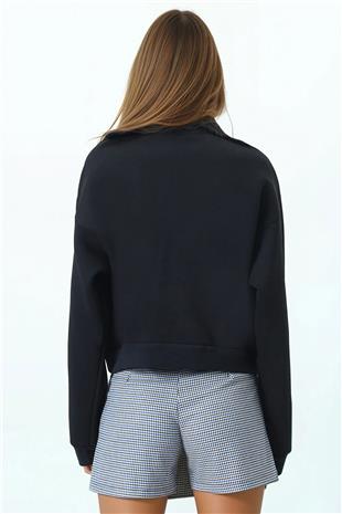 Kadın Siyah Polo Yaka Yarım Fermuarlı Sweatshirt VS01033