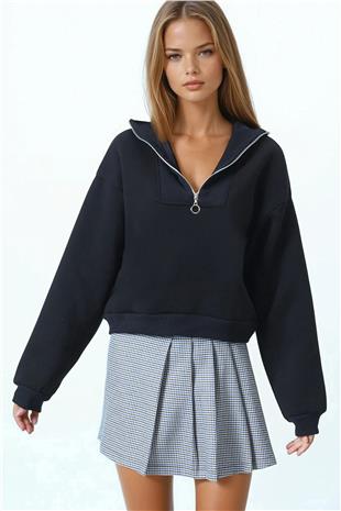 Kadın Siyah Polo Yaka Yarım Fermuarlı Sweatshirt VS01033