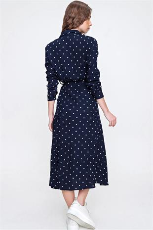 Kadın Okyanus Mavisi Puantiye Desenli Dokuma Viscon Gömlek Elbise ALC-X6247