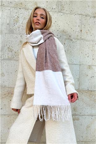 Kadın Ekru Püskül Detaylı Desenli Şal ALC-X11280