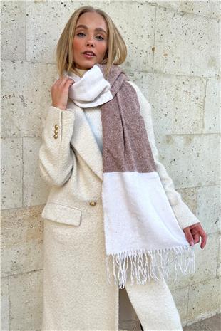 Kadın Ekru Püskül Detaylı Desenli Şal ALC-X11280