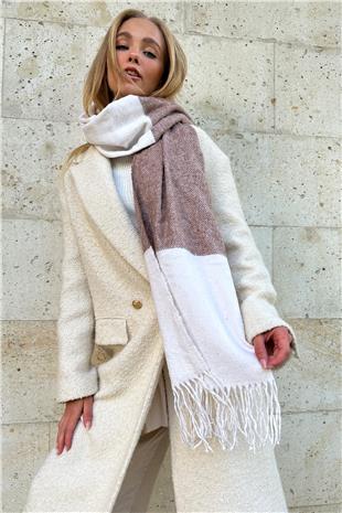 Kadın Ekru Püskül Detaylı Desenli Şal ALC-X11280