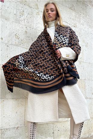 Kadın Kahve Siyah Püskül Detaylı Desenli Şal ALC-X11281