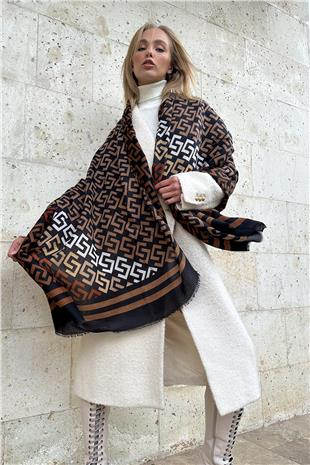 Kadın Kahve Siyah Püskül Detaylı Desenli Şal ALC-X11281