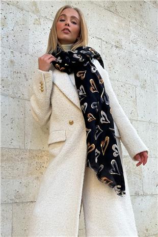 Kadın Siyah Püskül Detaylı Desenli Şal ALC-X11281