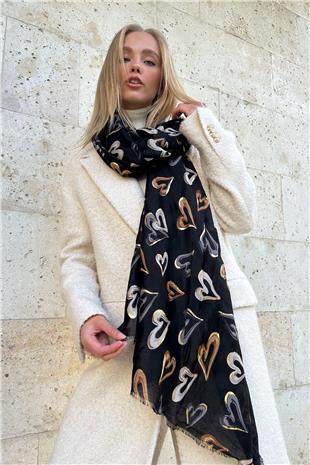 Kadın Siyah Püskül Detaylı Desenli Şal ALC-X11281