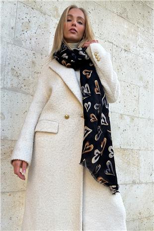 Kadın Siyah Püskül Detaylı Desenli Şal ALC-X11281