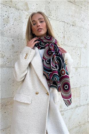 Kadın Siyah Desenli Püskül Detaylı Desenli Şal ALC-X11281