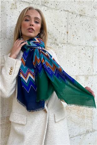 Kadın Yeşil Püskül Detaylı Desenli Şal ALC-X11281