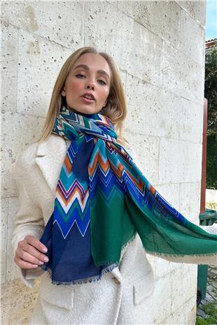 Kadın Yeşil Püskül Detaylı Desenli Şal ALC-X11281