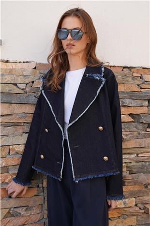 Kadın Lacivert Püskül Detaylı Düğme Kapamalı Kruvaze Yaka Denim Ceket VS01207