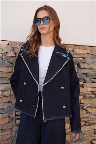 Kadın Lacivert Püskül Detaylı Düğme Kapamalı Kruvaze Yaka Denim Ceket VS01207
