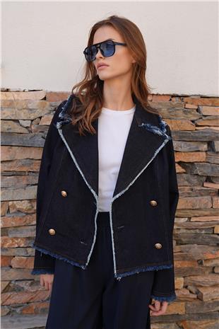 Kadın Lacivert Püskül Detaylı Düğme Kapamalı Kruvaze Yaka Denim Ceket VS01207