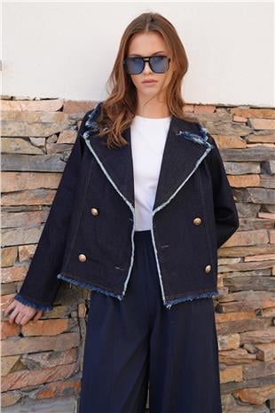 Kadın Lacivert Püskül Detaylı Düğme Kapamalı Kruvaze Yaka Denim Ceket VS01207