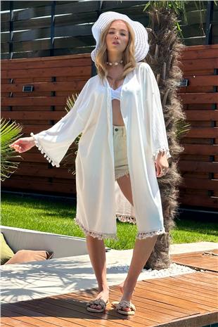 Kadın Beyaz Püskül Detaylı Örme Krınkle Kimono ALC-X8595