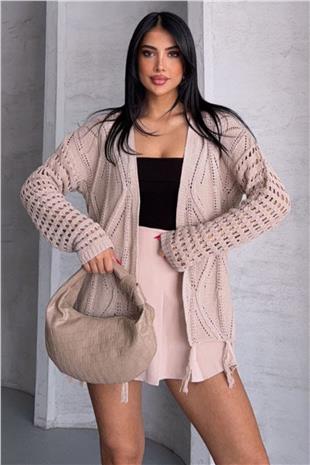 Kadın Bej Püsküllü Ajurlu Hırka VS00761