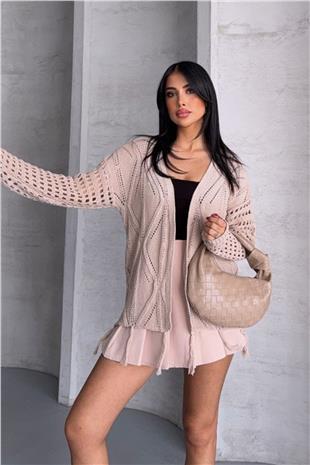 Kadın Bej Püsküllü Ajurlu Hırka VS00761