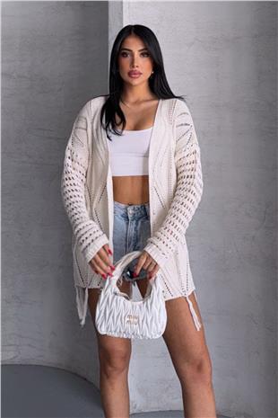 Kadın Ekru Püsküllü Ajurlu Hırka VS00761