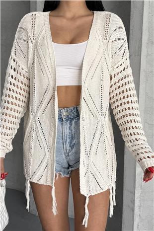 Kadın Ekru Püsküllü Ajurlu Hırka VS00761