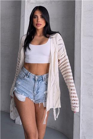 Kadın Ekru Püsküllü Ajurlu Hırka VS00761