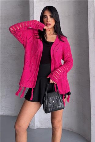 Kadın Fuşya Püsküllü Ajurlu Hırka VS00761