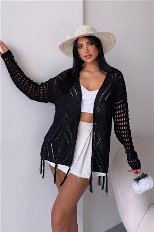 Kadın Siyah Püsküllü Ajurlu Hırka VS00761