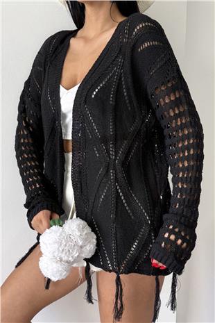 Kadın Siyah Püsküllü Ajurlu Hırka VS00761