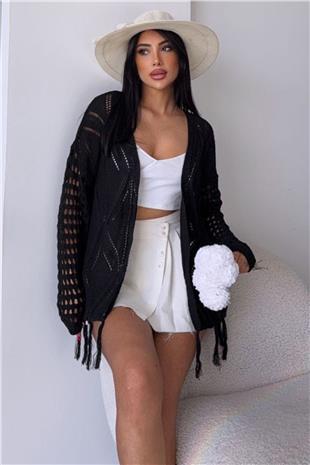 Kadın Siyah Püsküllü Ajurlu Hırka VS00761