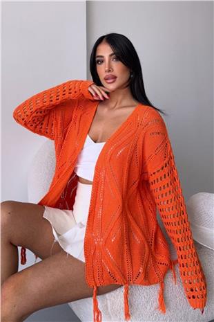 Kadın Turuncu Püsküllü Ajurlu Hırka VS00761