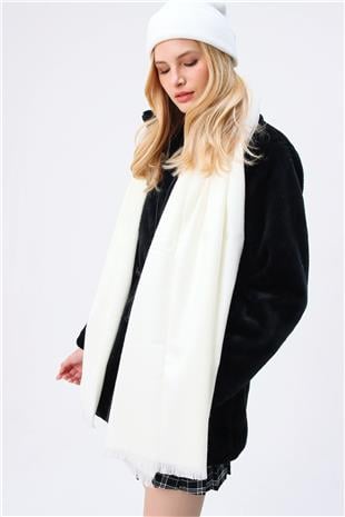 Kadın Beyaz Püsküllü Ekru Kalın Şal ALC-A2075