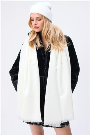 Kadın Beyaz Püsküllü Ekru Kalın Şal ALC-A2075