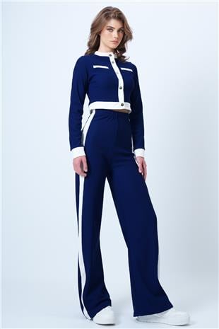 Kadın Lacivert Renk Bloklu Crop Ceket Ve  Ottaban Pantolon Takım VS01179