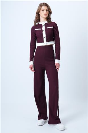 Kadın Bordo Renk Bloklu Crop Ceket Ve  Ottaban Pantolon Takım VS01179