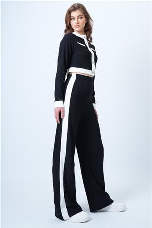 Kadın Siyah Renk Bloklu Crop Ceket Ve  Ottaban Pantolon Takım VS01179