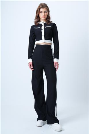 Kadın Siyah Renk Bloklu Crop Ceket Ve  Ottaban Pantolon Takım VS01179