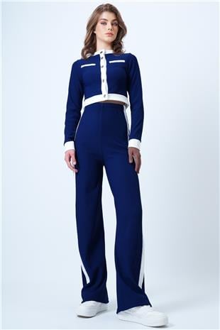 Kadın Lacivert Renk Bloklu Crop Ceket Ve  Ottaban Pantolon Takım VS01179