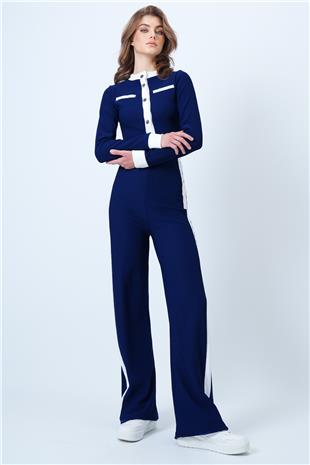 Kadın Lacivert Renk Bloklu Crop Ceket Ve  Ottaban Pantolon Takım VS01179