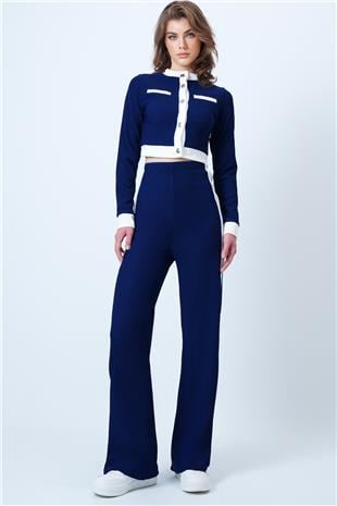 Kadın Lacivert Renk Bloklu Crop Ceket Ve  Ottaban Pantolon Takım VS01179
