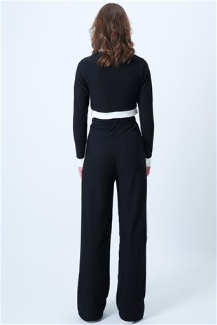 Kadın Siyah Renk Bloklu Crop Ceket Ve  Ottaban Pantolon Takım VS01179