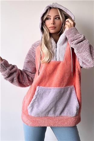 Kadın Turuncu Renk Bloklu Kapüşonlu Yarım Fermuarlı Kanguru Cepli Oversize Sweatshirt VS00957