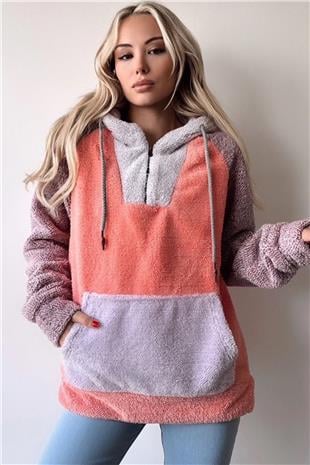 Kadın Turuncu Renk Bloklu Kapüşonlu Yarım Fermuarlı Kanguru Cepli Oversize Sweatshirt VS00957