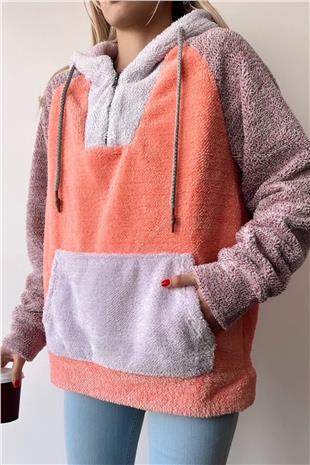 Kadın Turuncu Renk Bloklu Kapüşonlu Yarım Fermuarlı Kanguru Cepli Oversize Sweatshirt VS00957