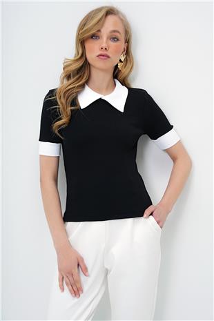 Kadın Siyah Renk Bloklu Polo Yaka Kaşkorse Bluz ALC-X14123