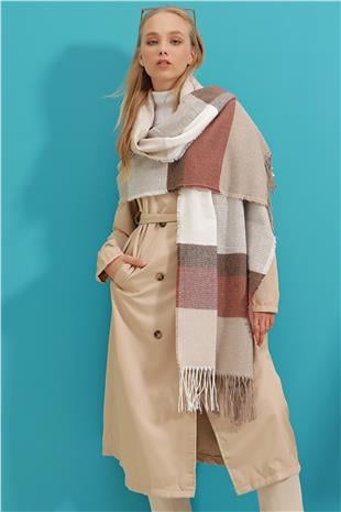Kadın Bej Renk Bloklu Şal ALC-A2654