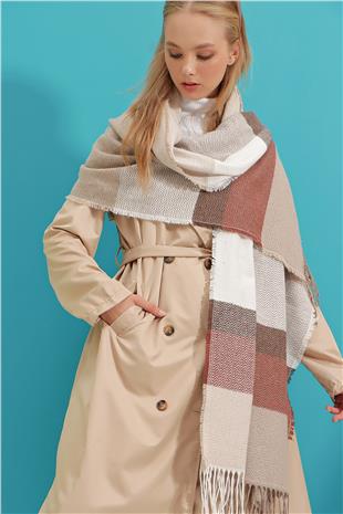 Kadın Bej Renk Bloklu Şal ALC-A2654