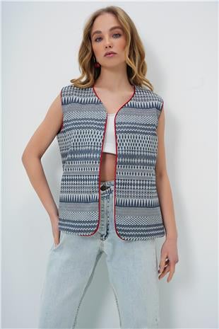 Kadın Lacivert Renkli Biye Detaylı Etnik Desenli Dokuma Yelek ALC-X13721
