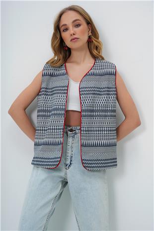 Kadın Lacivert Renkli Biye Detaylı Etnik Desenli Dokuma Yelek ALC-X13721