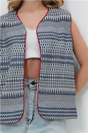 Kadın Lacivert Renkli Biye Detaylı Etnik Desenli Dokuma Yelek ALC-X13721